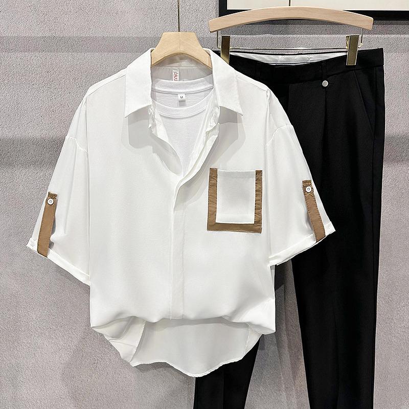 

2024 Мужская модная белая рубашка Ice Silk с коротким рукавом 3XL белый