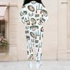 Women Plus Size White Printed Long Sleeve Stand Collar Cropped Varsity Jacket And Long Pants Two Piece Set