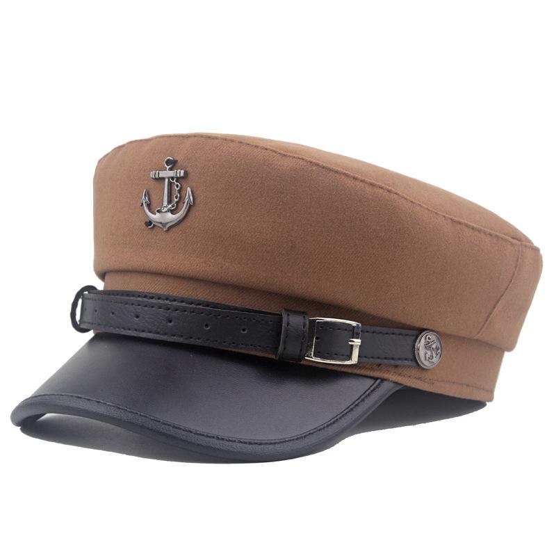 Podzim Zima Námořnický klobouk Loď Kotva Opasek Spona Klobouk okraj Vlněný Plochý klobouk Sailor Hat Dámský Malovaný klobouk Vojenské kšiltovky