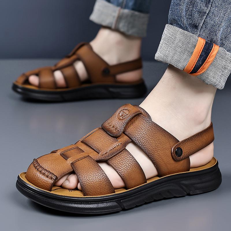 Men Black Hiking Sandals Slippers Handmade Simple Summer Brown Roman Sandals Close Toe Beach Shoes Plus Size
