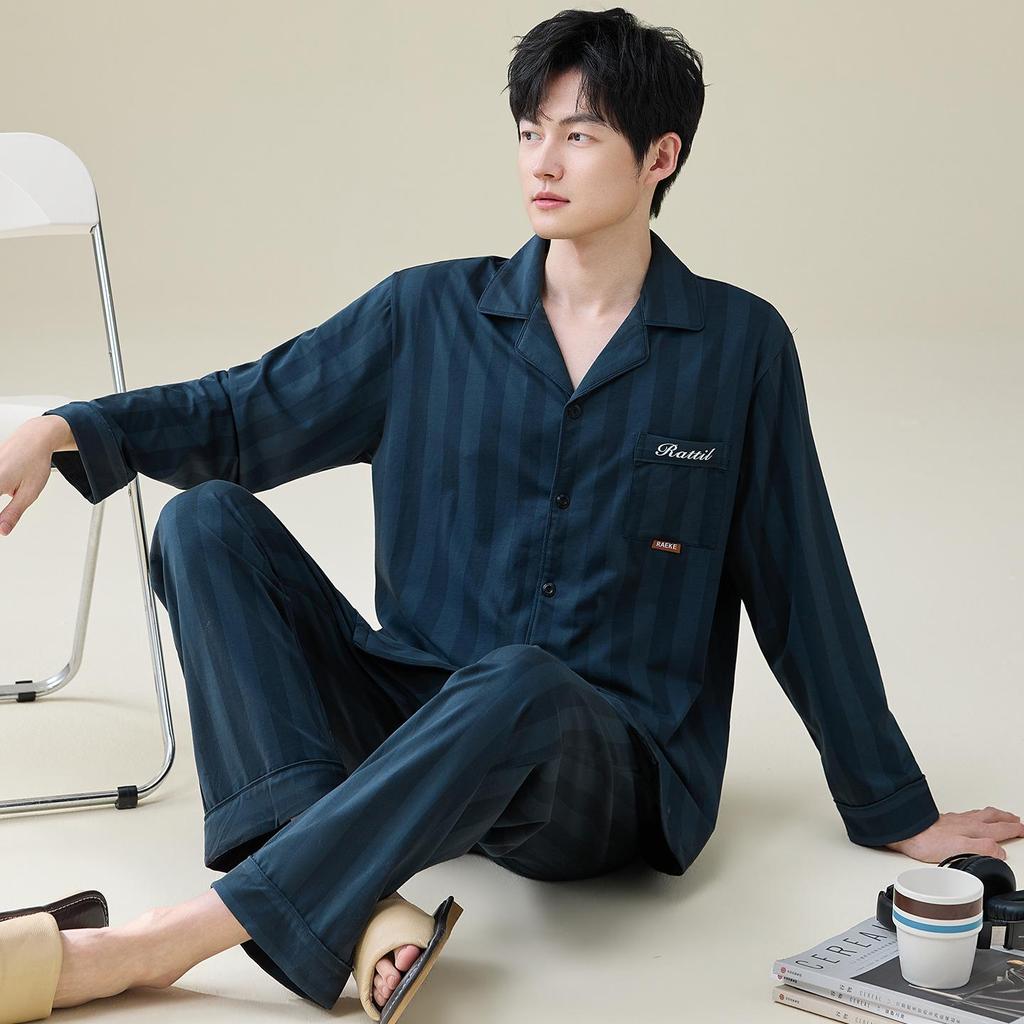 Men's 100% Cotton Striped Long Sleeve Pajamas - Trendy Korean Style for Spring