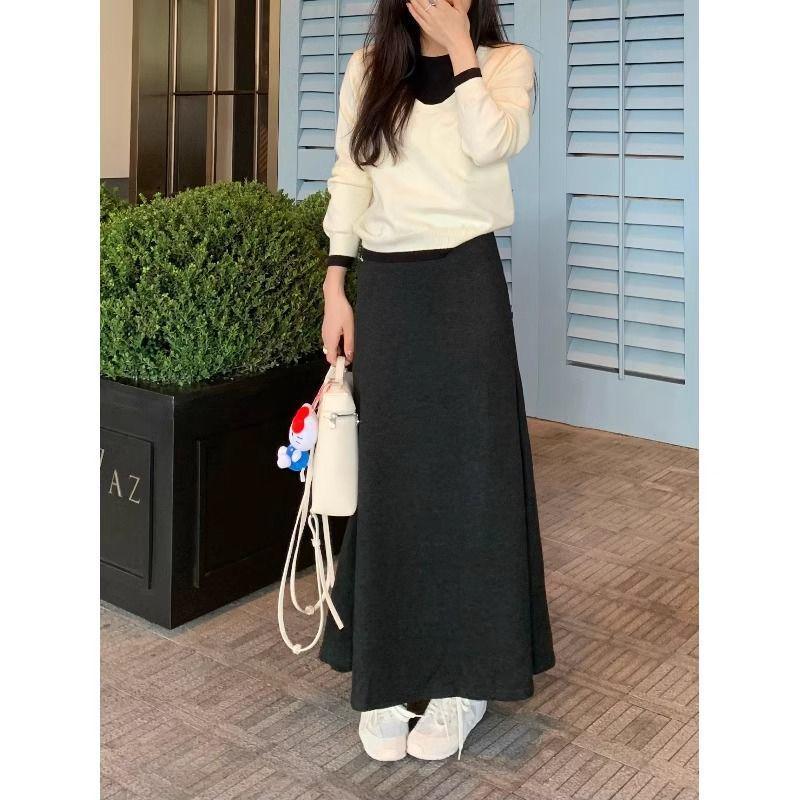Women's High-Waist Gray Fishtail A-line Skirt – Elegant, Slimming Elastic Waist for Spring/Autumn