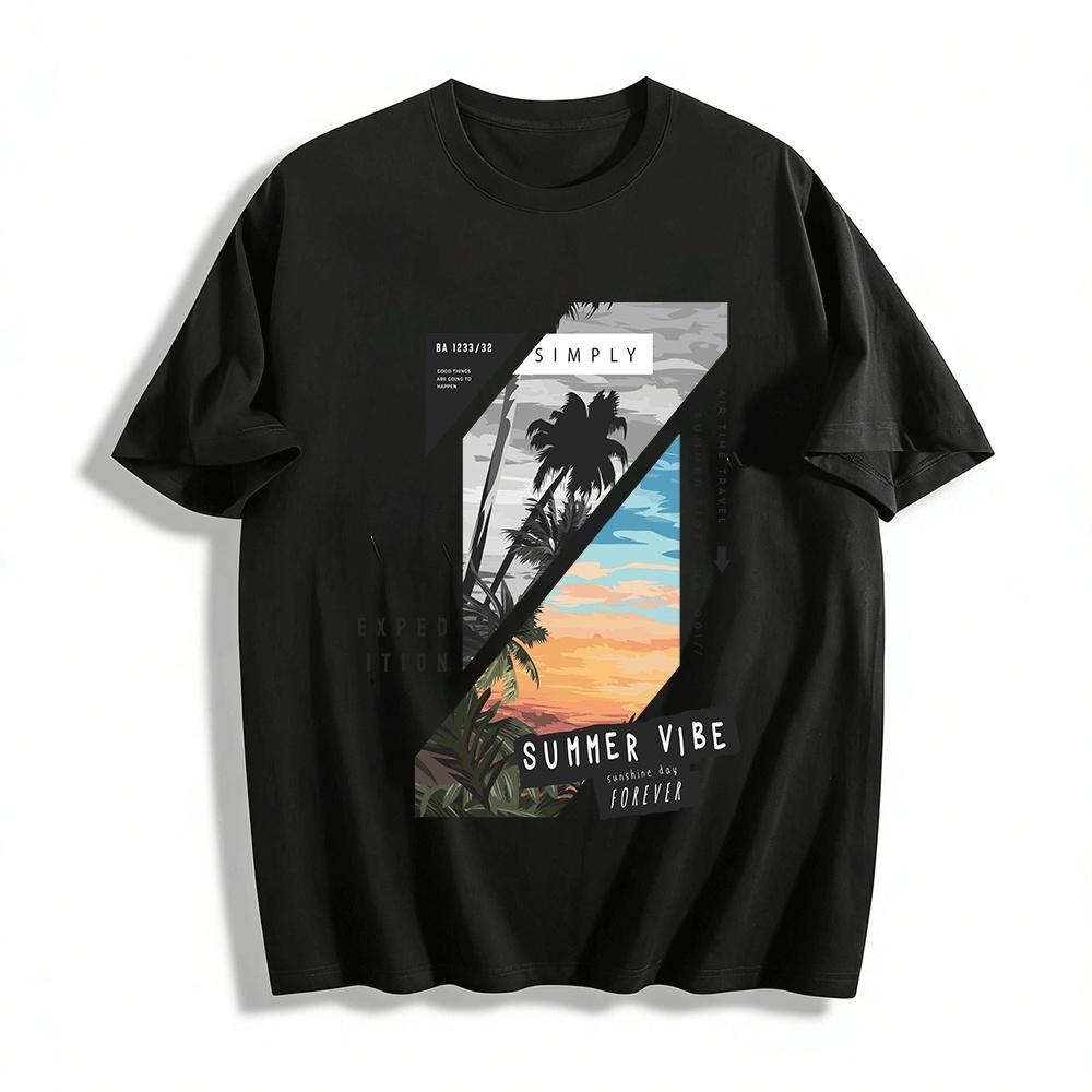 

Tropical Coconut Tree Sunset Print Tee Summer Vacation Casual Top Pure cotton T-shirt XXS