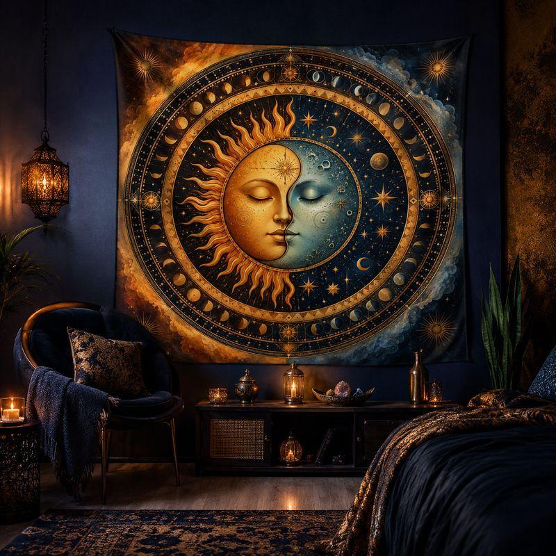 Retro Sun Moon Constellation Tapestry Celestial Starry Sky Wall Hanging Bohemian Aesthetic Bedroom Home Decor