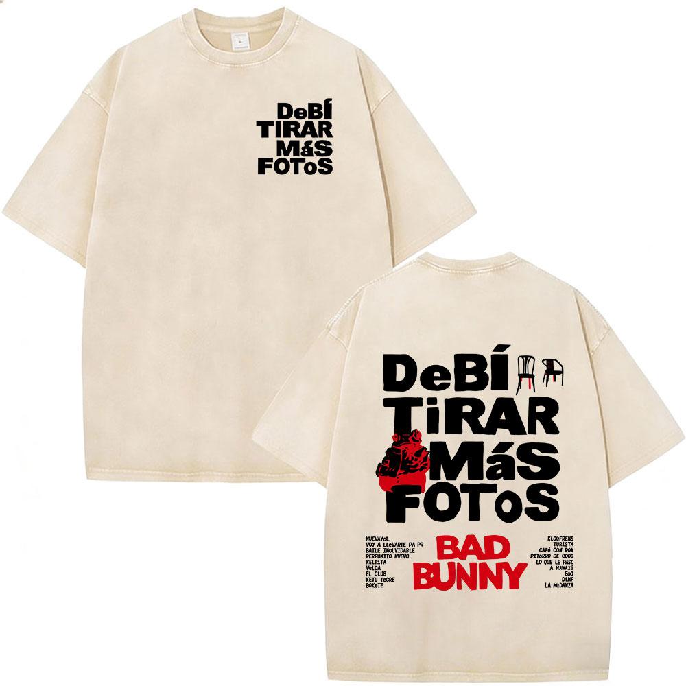 Washed Vintage Rapper Bad Bunny Tshirt Debi Tirar Mas Fotos DTMF World Tour T Shirts Men Women Fashion Hip Hop ONeck Tshirts