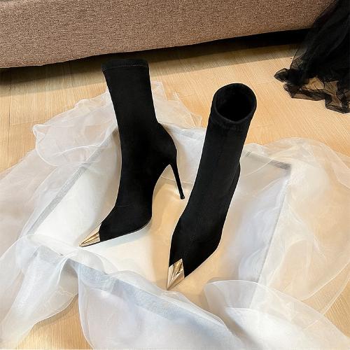 Black Pointed Toe Stiletto Heel Boots Women Ankle High Heels Vulcanized Shoes New Arrival