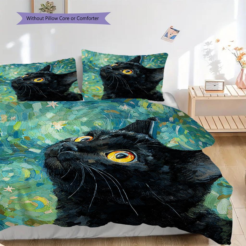 Black Cat Pattern Bedding Quilt Set Quilt Cover Pillowcase Home Decoration Birthday Gift (1 * duvet cover + 2 * pillowcase, without core)