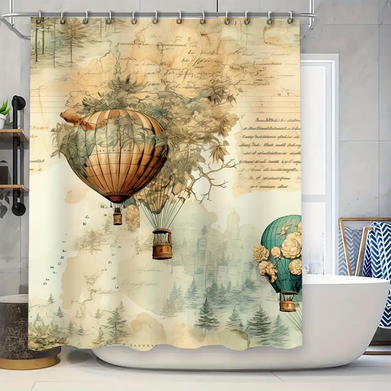 

Hot Air Balloon Shower Curtain Rustic Vintage Decor For Bathroom With Antique Map Print W60H190(CM)-1 Pcs