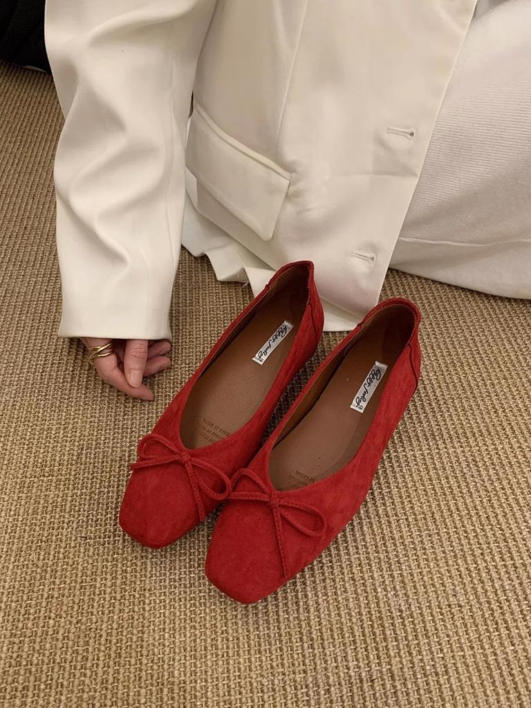 French Fragrant Flat Bottom Square Head Red Bow Single Shoes Women's Shoes 25 New Spring Versatile Gentle Commuter Shoes