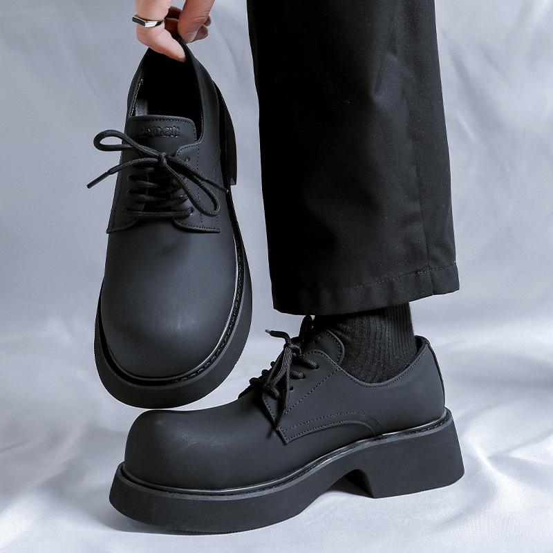 Platform single shoes spring and autumn round head lace-up middle heel muffin men's shoes tooling black small leather shoes 1255-R