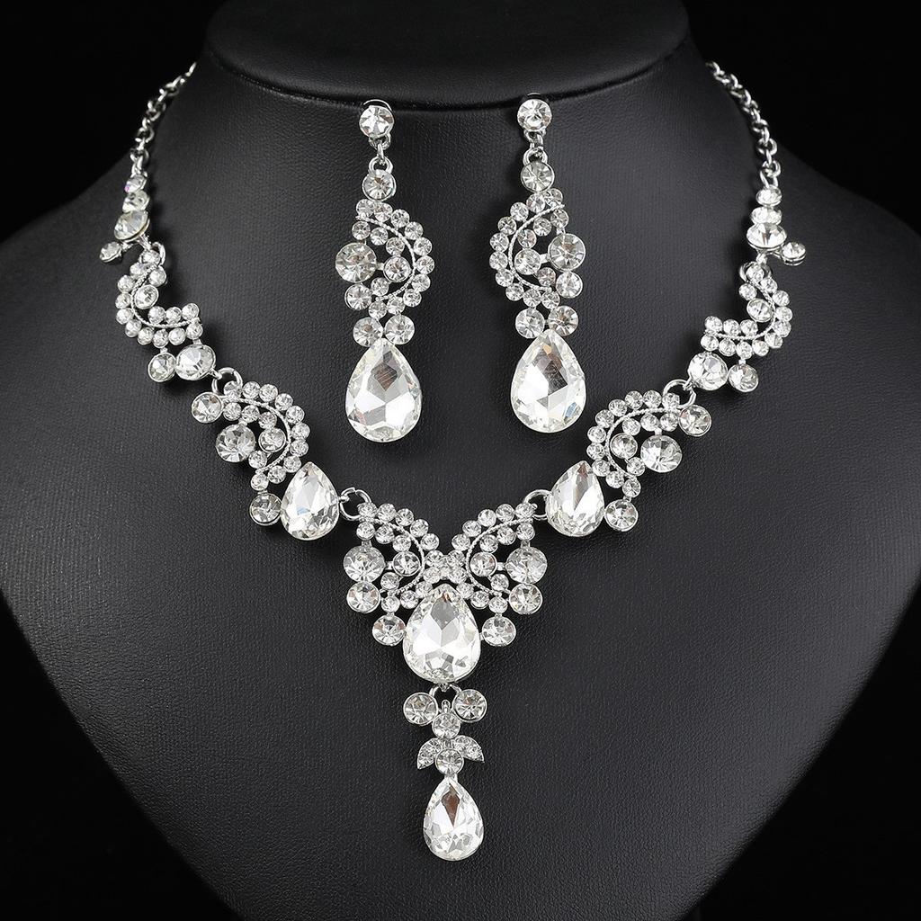 Autumn Evening Banquet Accessories Necklace Jewelry Bridal Suit, Wedding Dress Full Diamond Earrings Bracelet Set