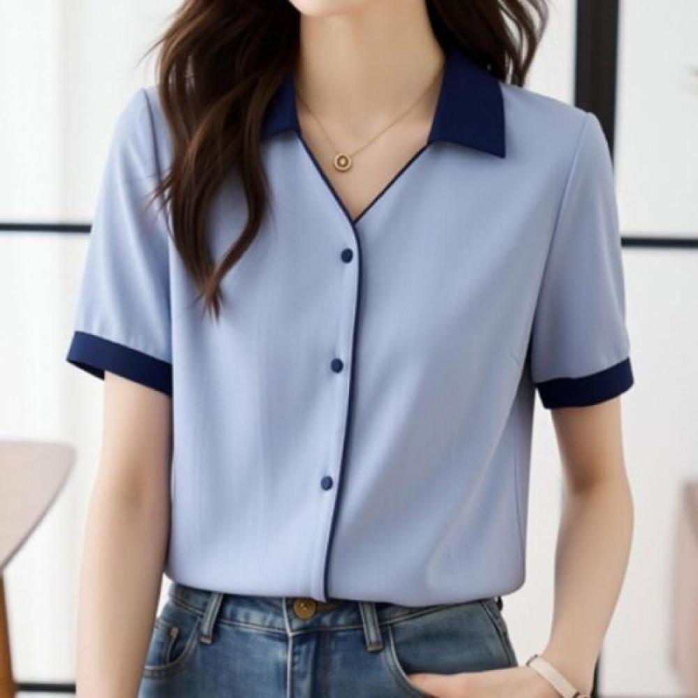 NaVaVa Women S Clean Office Color Block V Neck Collar Short SleeVe Shirt blouSe