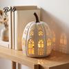 Decorative Pumpkin Sculpture Lighted Cottage Ornament, Flickering Tabletop Lamp, Light-Up Small Desktop Ornament for Autumn Farmhouse Fall Centerpiece