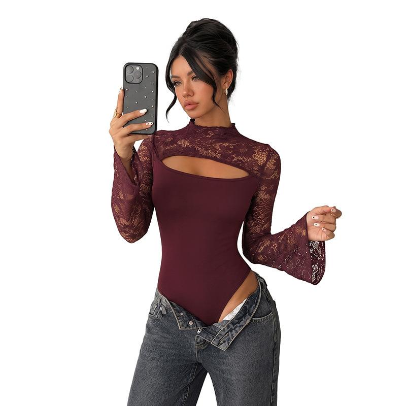 Sexy Tops for Women Hollow Long Sleeve Lace Bodysuit Top Bodycon Party Club Outfits