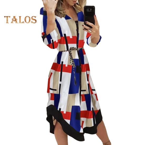 Damen-Midikleid mit Knopfleiste und V-Ausschnitt, langärmliges Kleid mit Schnürung und Aufdruck, lässiges Sommeroutfit für den Alltag, Urlaub, Club, Cocktailparty