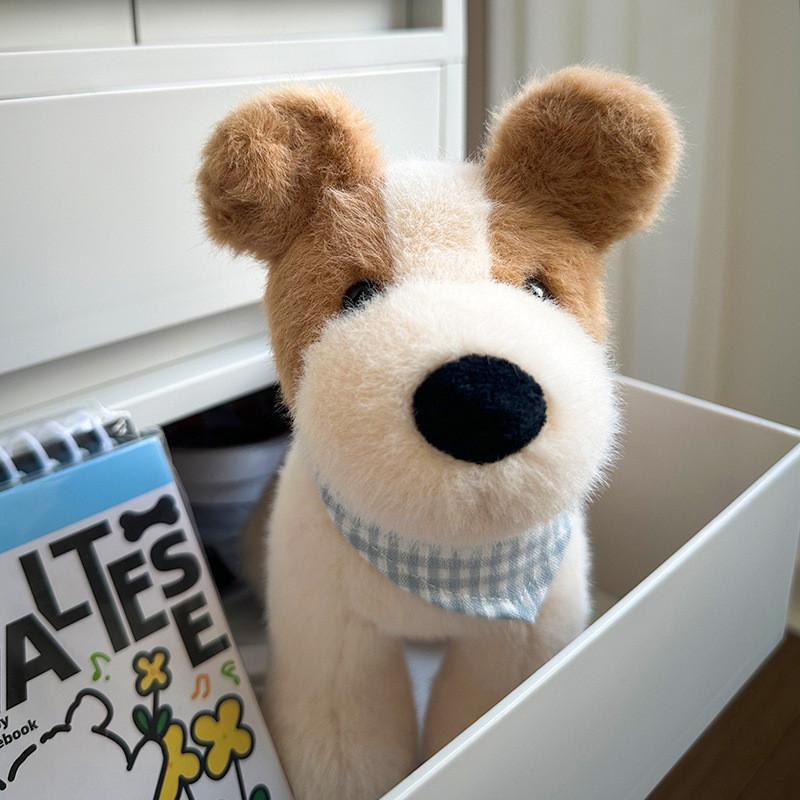 Checkered Cute Blue Scarf Plush Dog Doll Children Toy For Decoration Room