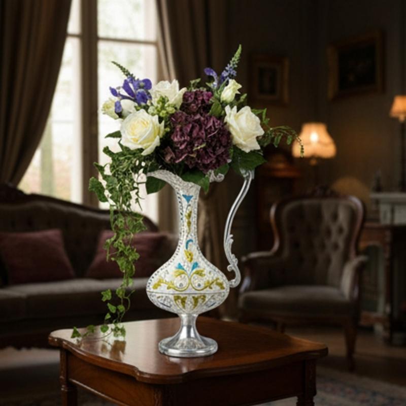 Elegant Embossed Flower Vases With Handle European Antique Metal Flower Arrangements Pot For Indoor Space Decors Gift