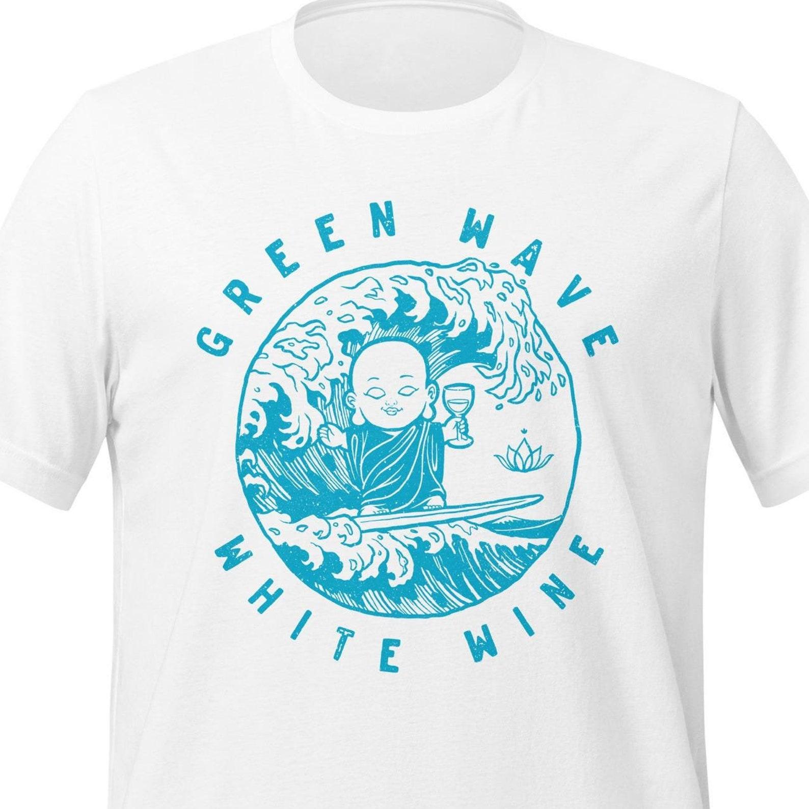 Surfing Buddha T-Shirt, Green Wave White Wine Graphic Tee S