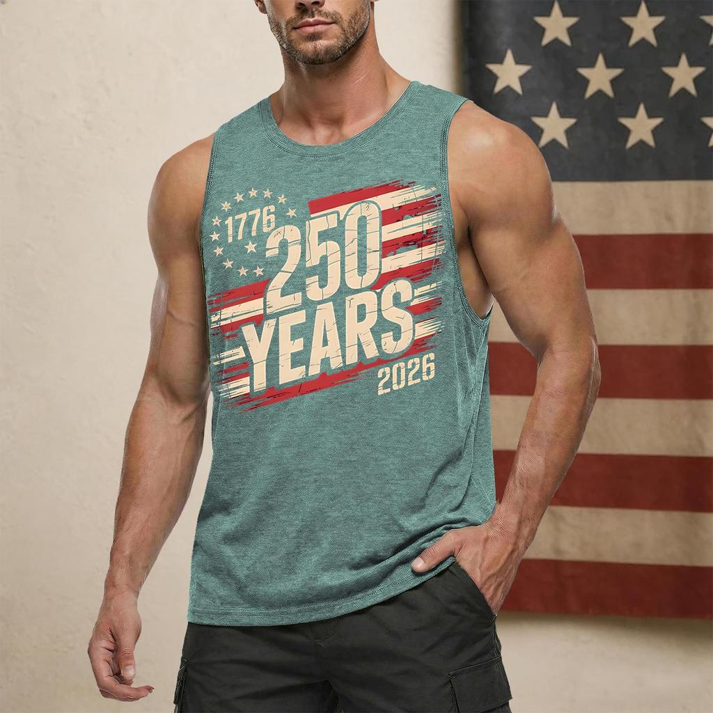 Canotta da uomo senza maniche con scollo rotondo con stampa 250 Anni Gilet Casual Muscle Fit 1776 2026 Grafica Leggera per l'Uso Quotidiano
