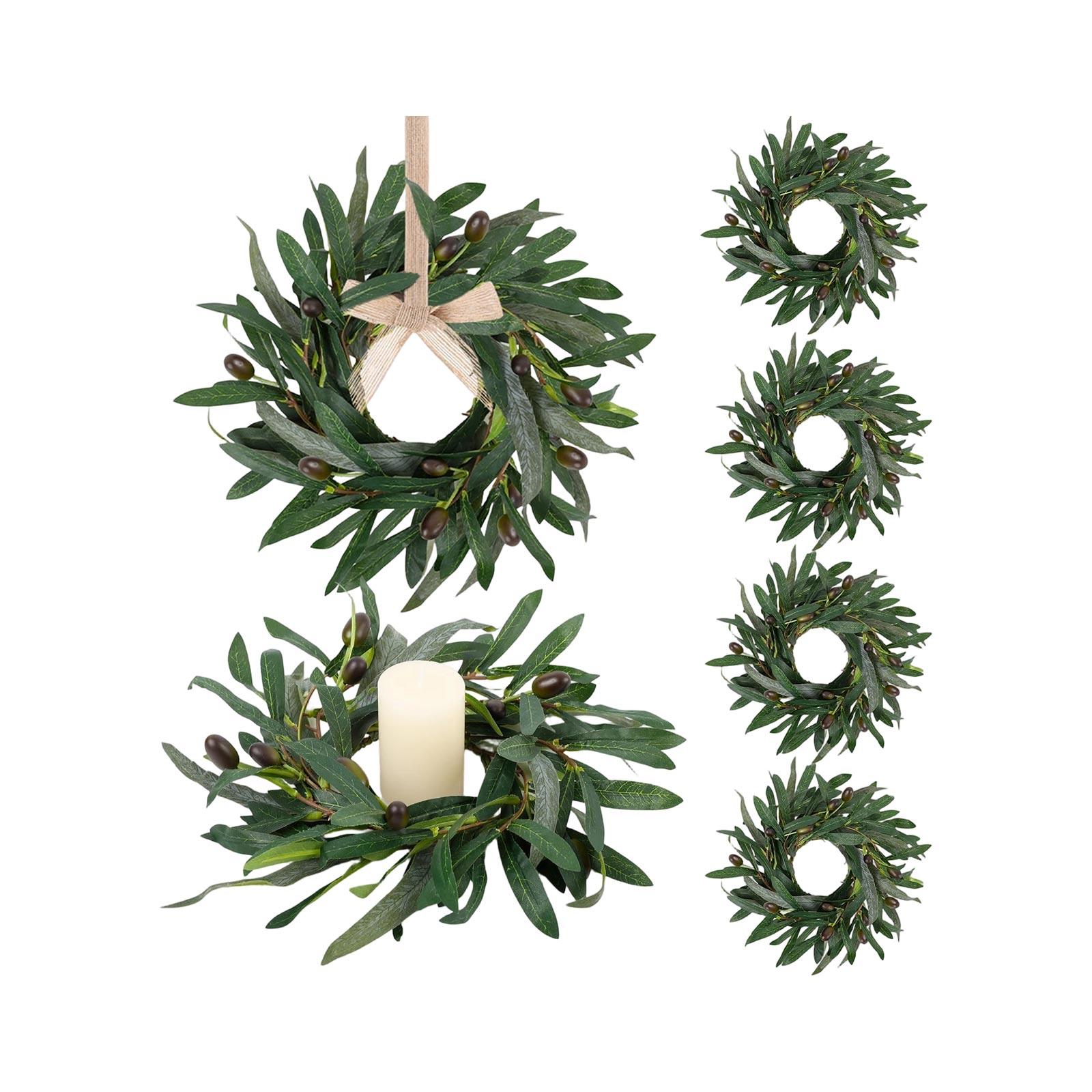 Set Of 6 Artificial Green Olive Candle Ring Wreaths
