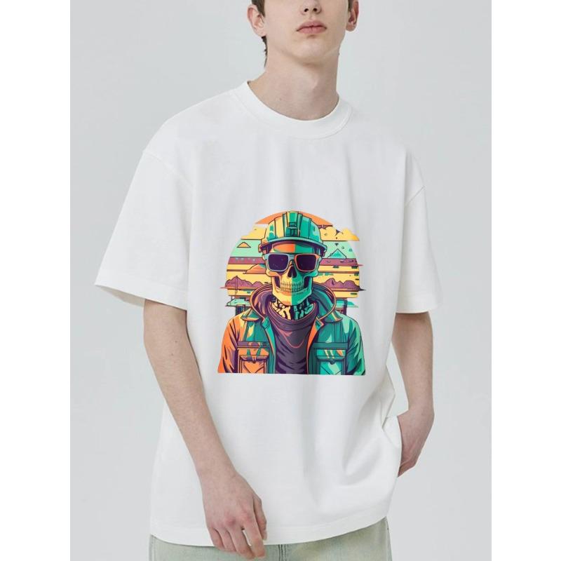 Black T Shirt with Colorful Skull Worker Graphic Print for Casual Wear