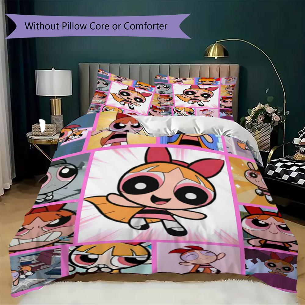 Powerpuff Girls Cartoon Prints beddengoed, dekbedovertrek en kussenslopen, verjaardagscadeau (1 dekbedovertrek + 2 kussenslopen, kussenvulling niet inbegrepen)JM007