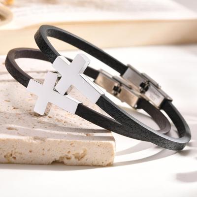 Cross Bracelet for Men Boys,Stainless Steel Cross Charm PU Leather Rope Bracelet,Casual Jewelry Gift