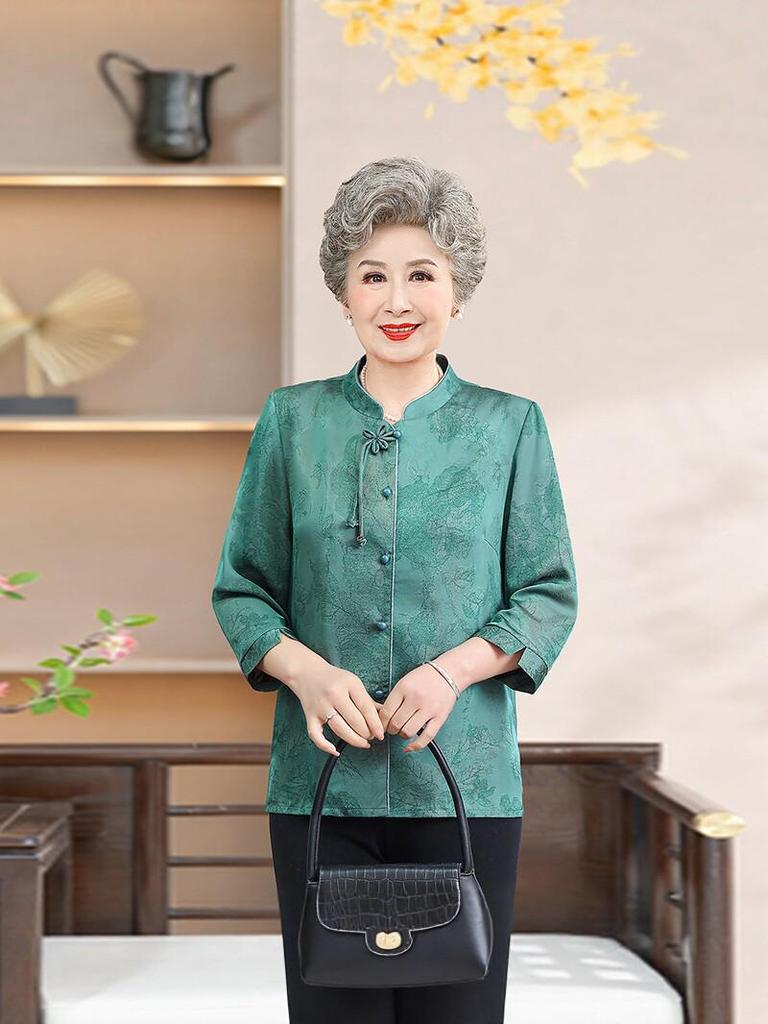 Modern National Style Shirt for Middle-aged Women: Spring/Fall Loose-Fit Chinese Top with 3/4 Sleeves