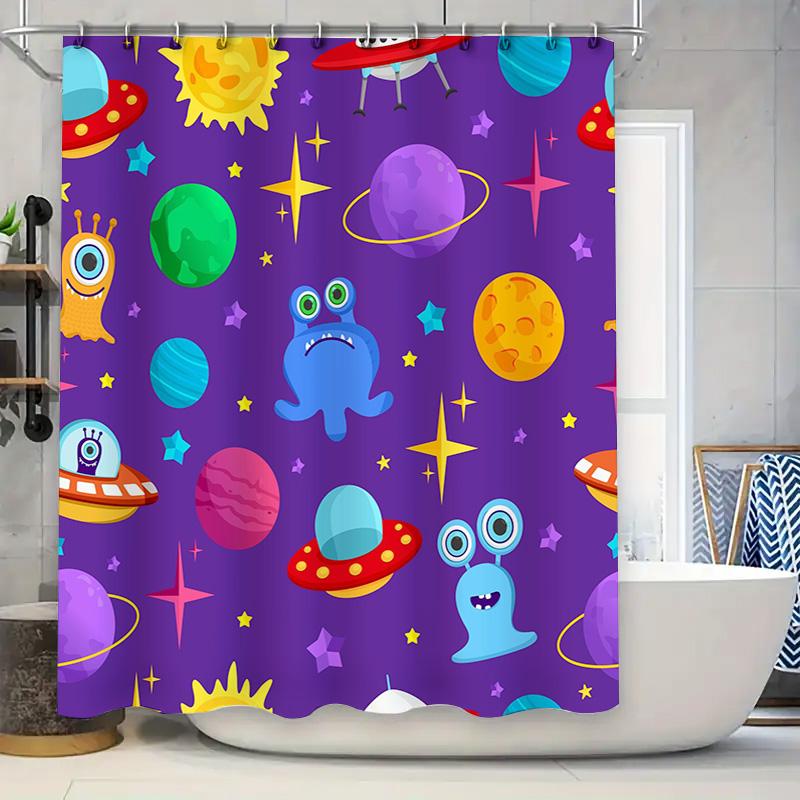 

Space-themed shower curtain with cartoon aliens, planets, and UFOs in bold purple color perfect for kids or adults who love oute 90x180cm