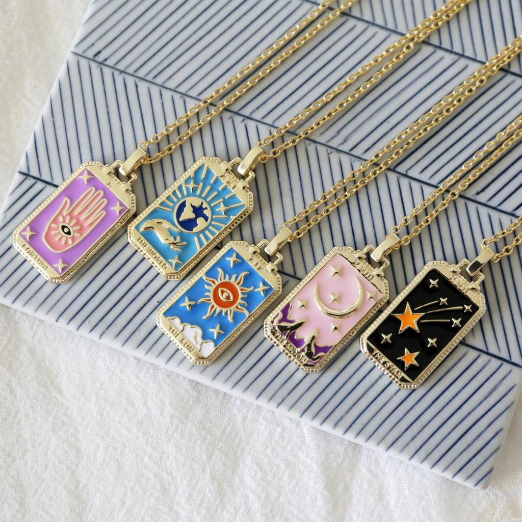 Colorful Enamel Tarot Card Necklace with Square Pendant On Copper Clavicle Chain