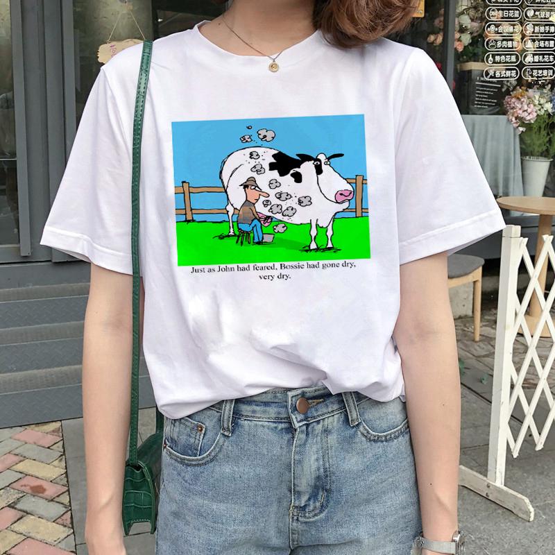 Kawaii Women T-Shirt Cartoon Milk Print Funny Top Female T Shirt Ulzzang Harajuku Aesthetic Casual O-Neck Ladies Tee Clothing