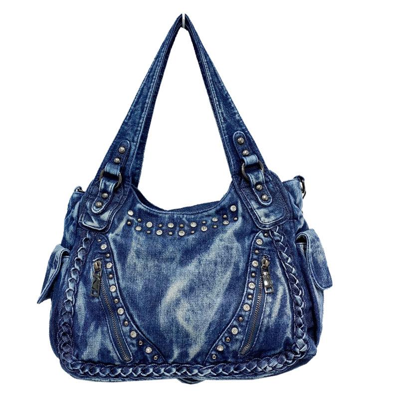 Bags Women'S Bags One Shoulder Oblique Span Handbags Large Capacity Casual Diamond-Encrusted Denim Bags