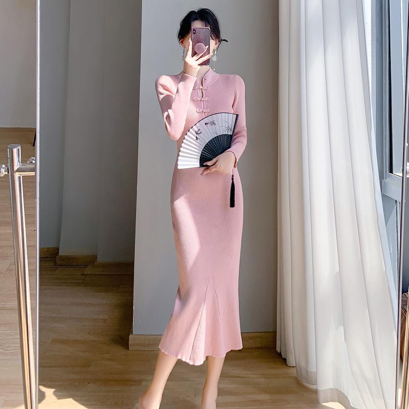 Autumn/Winter Retro Chinese Cheongsam Fishtail Knit Dress for Women