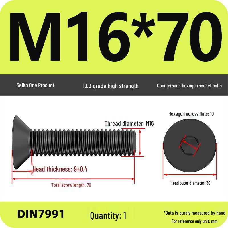 

Black Grade 10.9 Countersunk Hex Socket Head Cap Screws - Flat Head in Sizes M6, M8, M10, M12, M16.