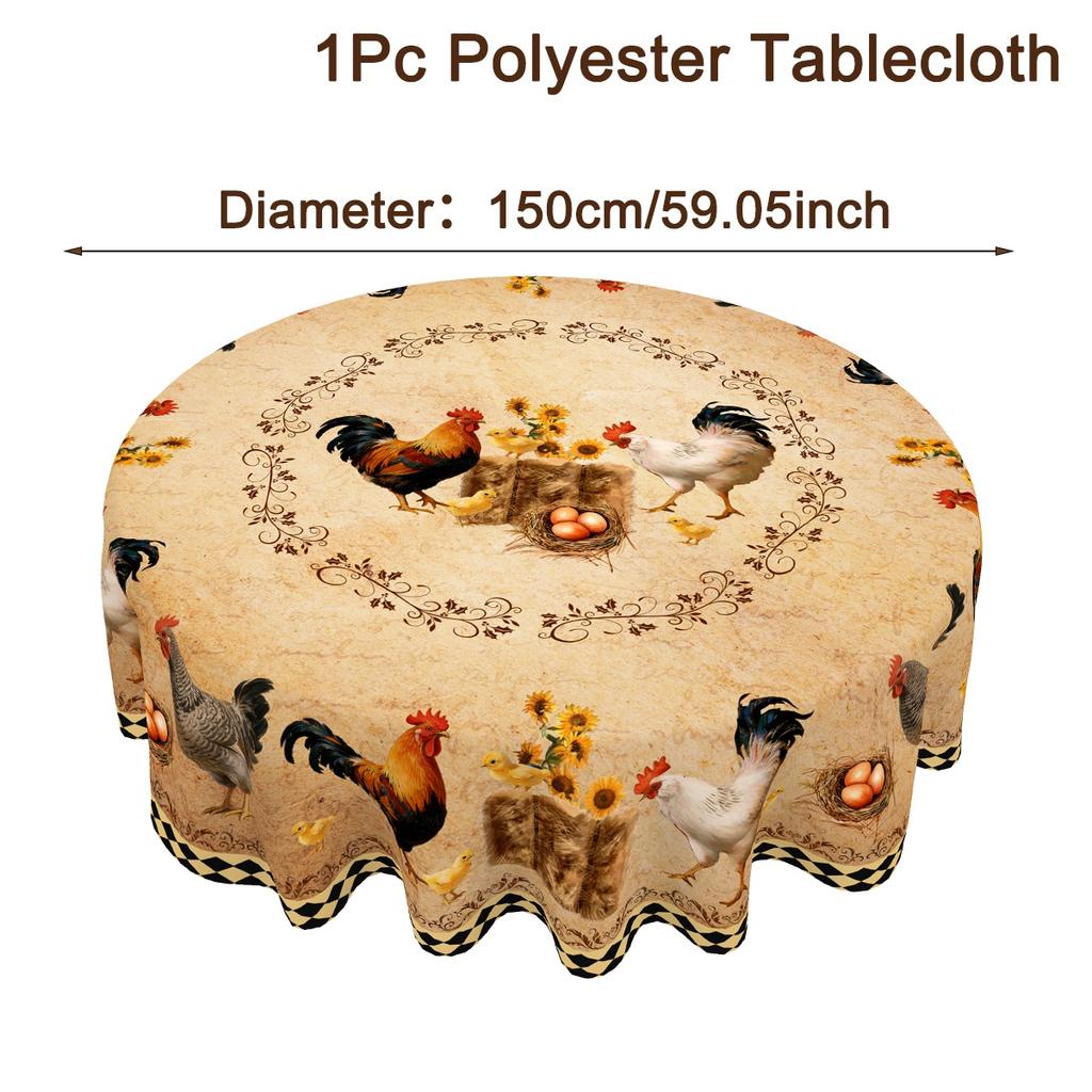1pc Rooster Table Cover Rustic Chicken Sunflower Design Round Polyester Tablecloth for Farmhouse Kitchen Table Decorations