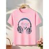 European Sizes Music Theme Girls' T-Shirt - Soft  T-Shirt with Music Headphones Print, Perfect for Summer Casual Wear,