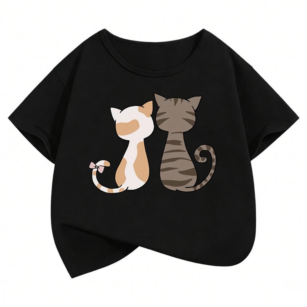 

Cute Cat Kids Tshirts Summer Short Sleeve Tees Cartoon Animal Boys Girls Clothes Kawaii Kitten Tops Y2K Children T-shirt 110