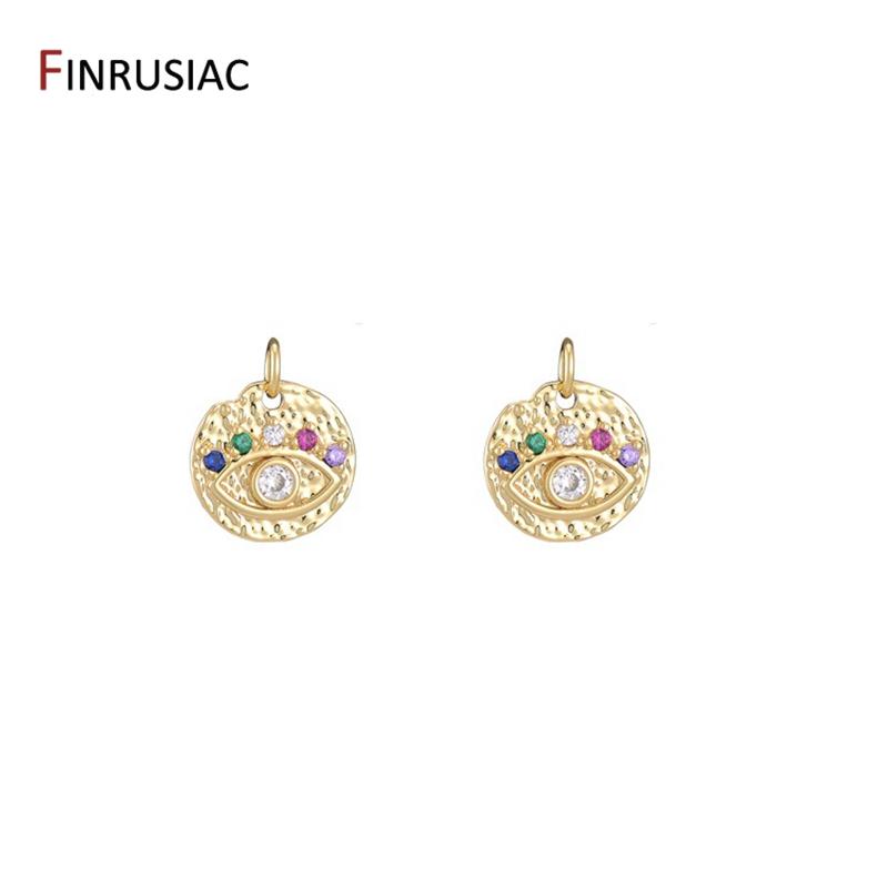 Fashion 14K Gold Plated Brass Inlaid Zircon Evil Eye Charms Round Pendants,DIY Jewelry Pendants Making Accessories Wholesale