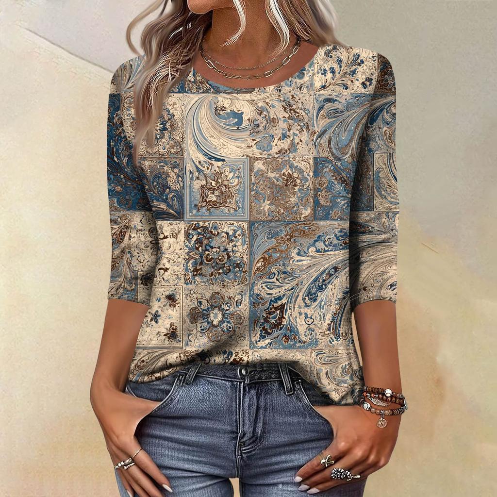Trendy Vintage 3/4 Sleeve Top For Women,Ladies Casual Three Quarter Sleeve Round Collar Printed T-Shirt Blouse