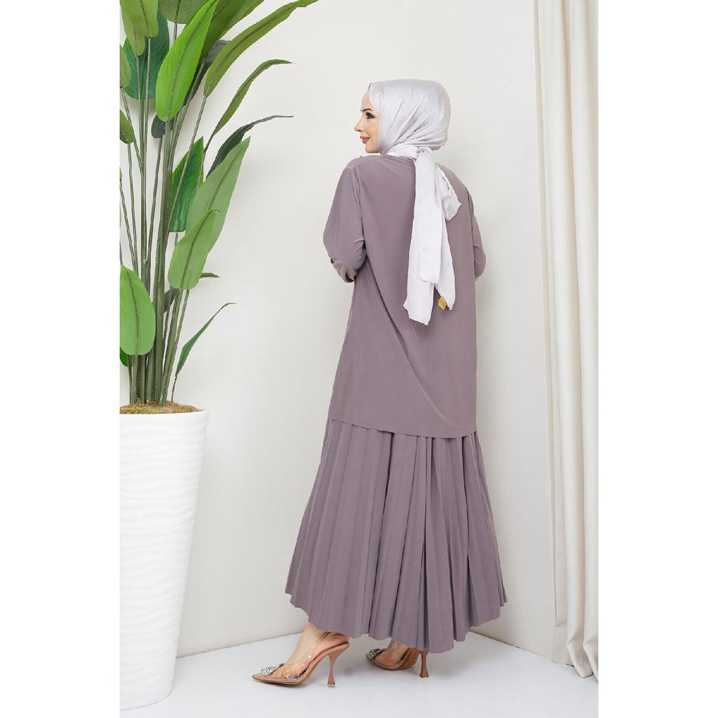 Women's Black Sandy Front Stone Embroidered Blouse Skirt Pleated Double Hijab Skirt Set