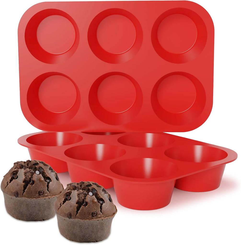 2.5 Inch Silicone Texas Muffin Pan 6 Cup Large Cupcake Pan 2 Pack Red Silicone Mold Muffin Pan Molds