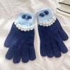 Cute Blue Plush Knitted Five Finger Gloves for Women in Autumn and Winter Warm and Velvet Thickening  New Style for Cycling and Cold Protection