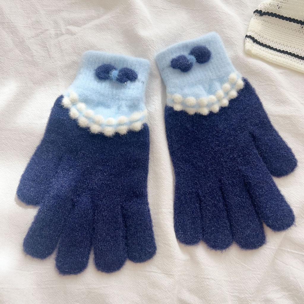 Cute Blue Plush Knitted Five Finger Gloves for Women in Autumn and Winter Warm and Velvet Thickening New Style for Cycling and Cold Protection