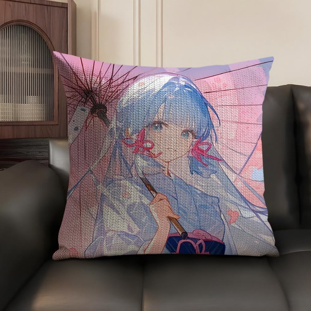 Kamizato Ayaka Genshin Impact Cushion Cover Natural Linen Organic Fabric DoubleSided Printing Sofa Home Decor Gift Pillow Case