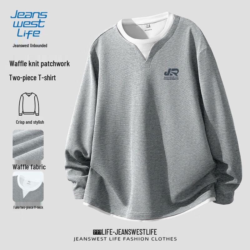JEANSWEST LIFE Men s Faux Two-Piece Henley Waffle Knit Long Sleeve Tee XL