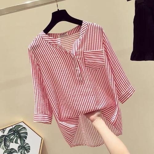 Striped Shirt Female Loose V-neck Blouse Seven-minute Sleeve Vertical Striped Chiffon Shirt Vintage Basic Office Casual Women Shirt
