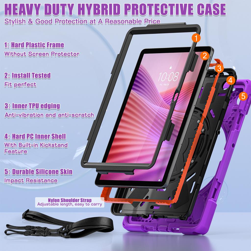 Rugged Case for Lenovo Tab 10.1 Inch 2025 K10C TB-311XU TB-311FU 360 Rotating Stand Heavy Duty Cover with Hand & Shoulder Strap