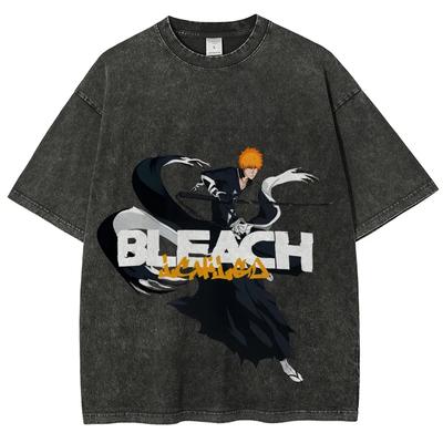 T-shirt Imprimé Hot Anime BLEACH Kurosaki Ichigo Hommes Femmes Manches Courtes Vêtements T-shirt en Coton T-shirt Lavé Rétro Tops Harajuku
