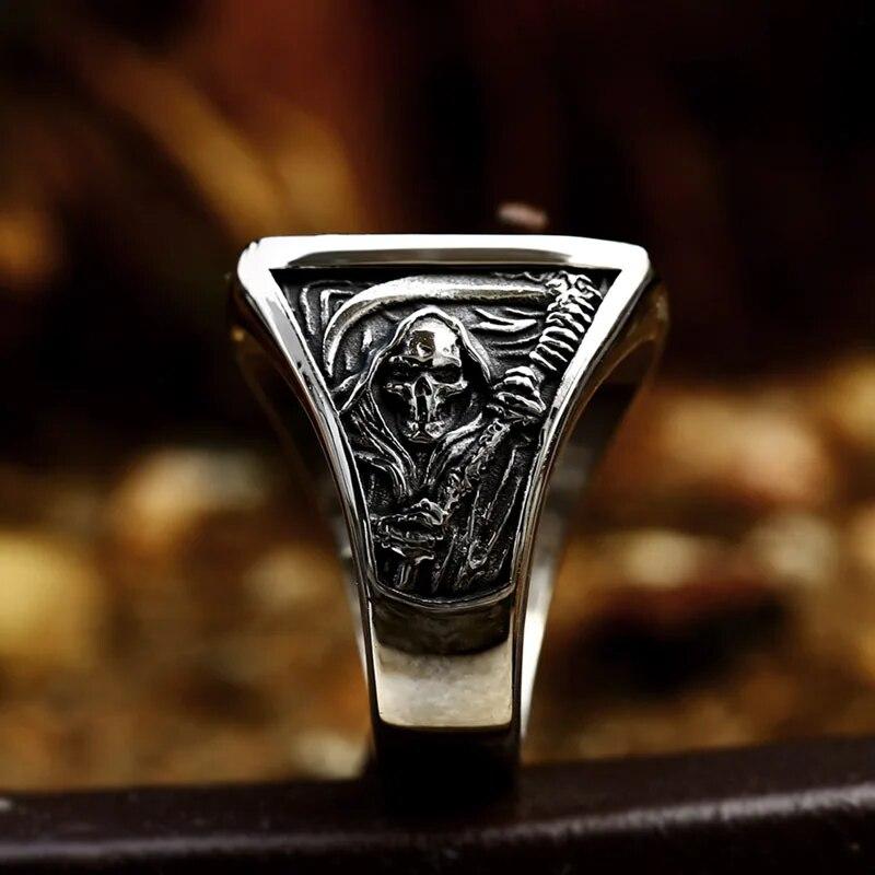 2025 Vintage Mens 316L Stainless Steel Rings for Men Death Sickle Domineering Skull Ring Men's Hip-hop Punk Party Jewelry Gift