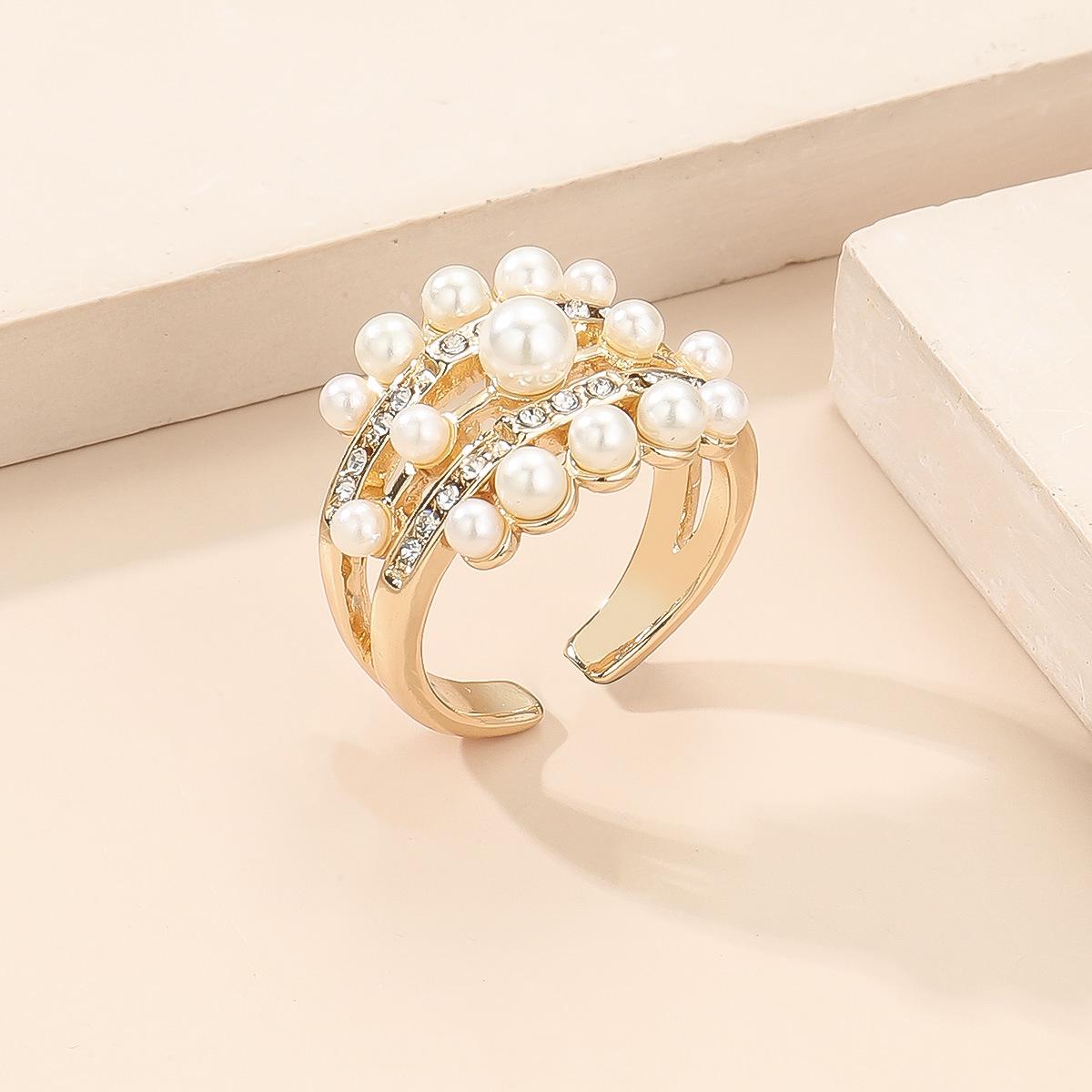 Chic Double Layer Pearl Alloy Geometric Open Ring - Unique Design